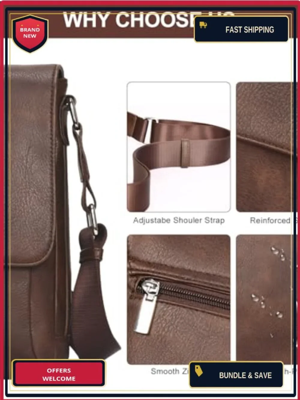 Men's Crossbody Bag Vegan Leather Messenger Adjustable Strap Tablet Work Travel